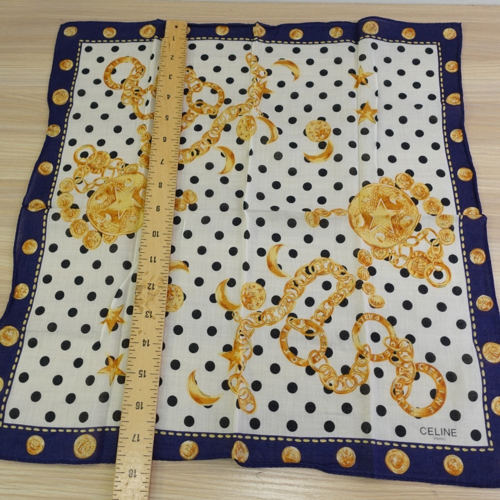 90s VTG CELINE Paris Handkerchief Blue Gold Medallion Chain Dots AUTH Luxe 17x17 - Picture 5 of 11